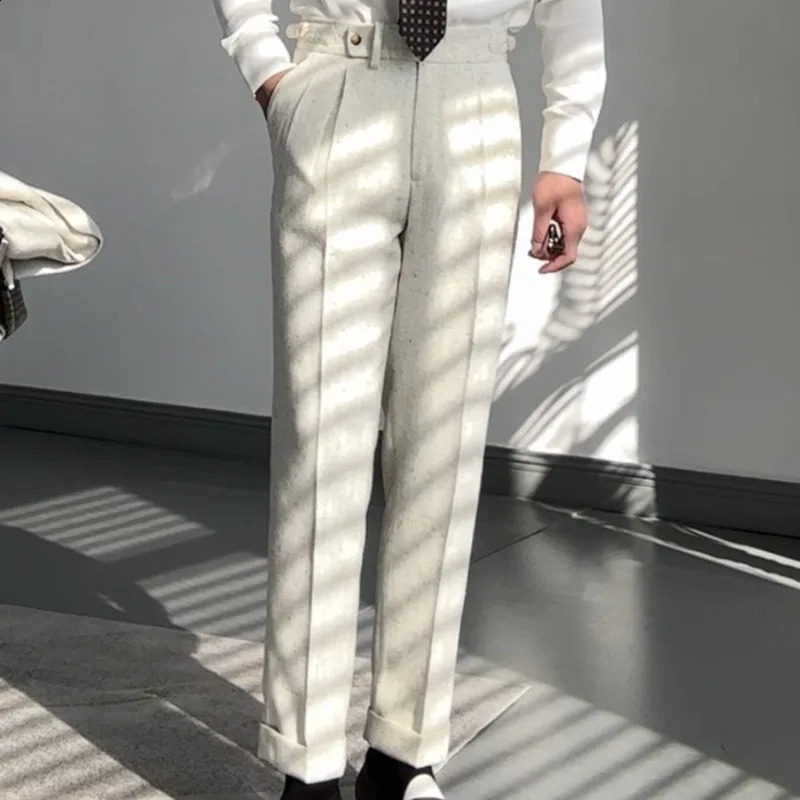 Spring High Waist Straight Leg Trouser Mens Top Quality Paris Button Trouser Casual Business Naples Gentleman Set Pants 240828