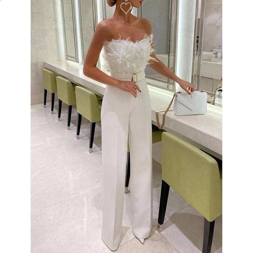 Womens jumpsuit fashionable solid long jumpsuit sexy feather strapless sloping neck evening party jumpsuit elegant womens jumpsuit