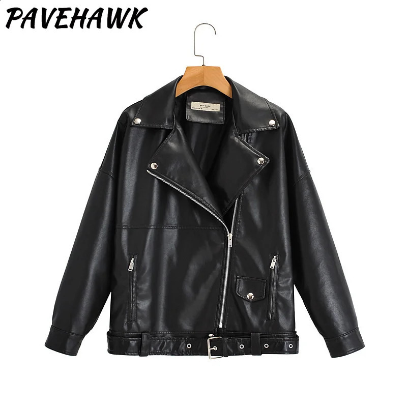 Womens retro Pu leather jacket with lapel zipper loose streetwear motorcycle jacket autumn thick warm casual punk jacket 240827