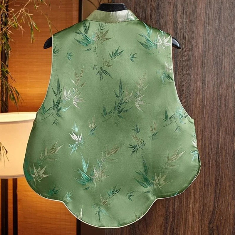 Chinese style womens Song Jin vest green round neck button printed sleeveless top autumn fashion Zen style vest 240828