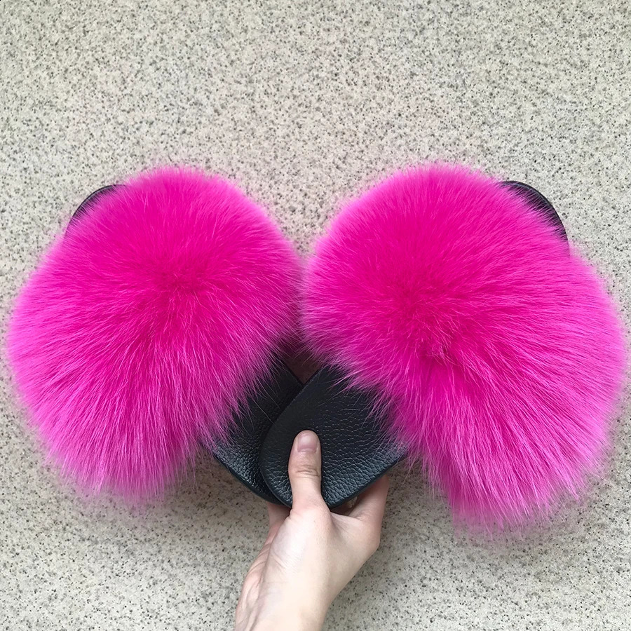 Q K Real Fox Fur Slider Womens Home Fluffy Slider Comfortable Fur Summer Apartment Sweet Womens Shoes Womens Fur Indoor Flip Cover 240827