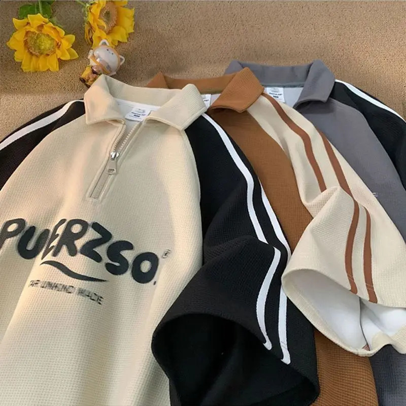 Japanese waffle biscuit half zip lapel short sleeved Tshirt suitable for men and women Versatile polo shirt summer student round neck y2k ins 240828