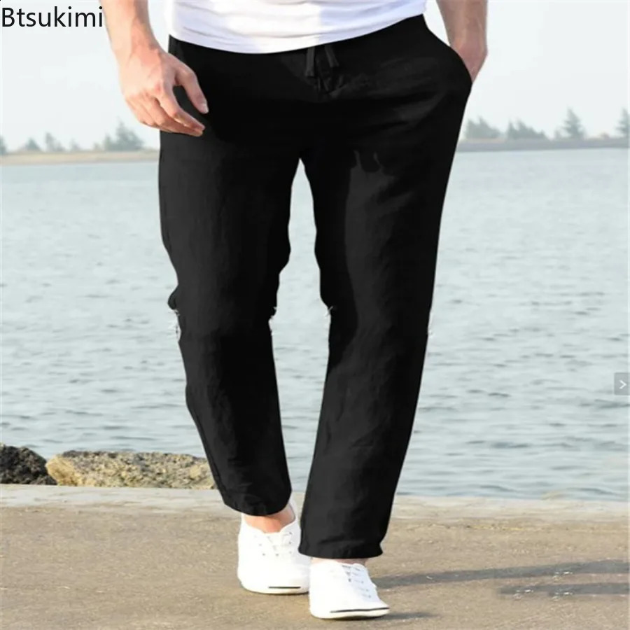 Mens linen casual pants are fashionable simple loose pencil pants with drawstring and elastic waist comfortable and breathable daily work clothes 2408