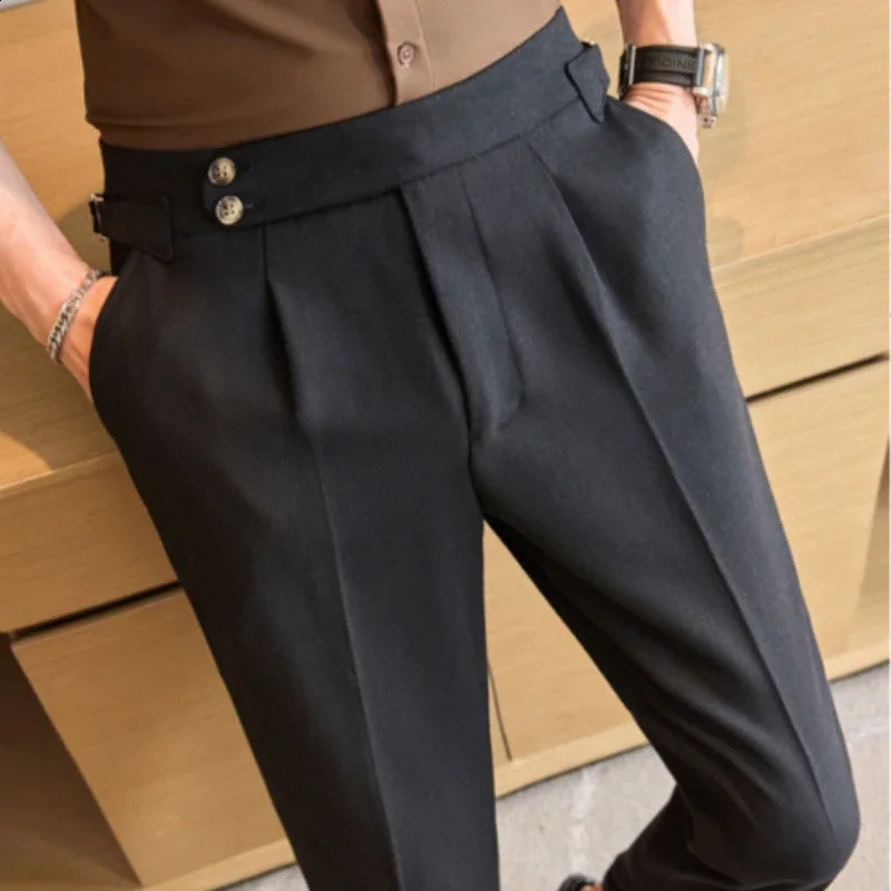 British style Naples mens high-end linen pants high waist straight slim fit casual mens pants high-quality solid social suit 240828
