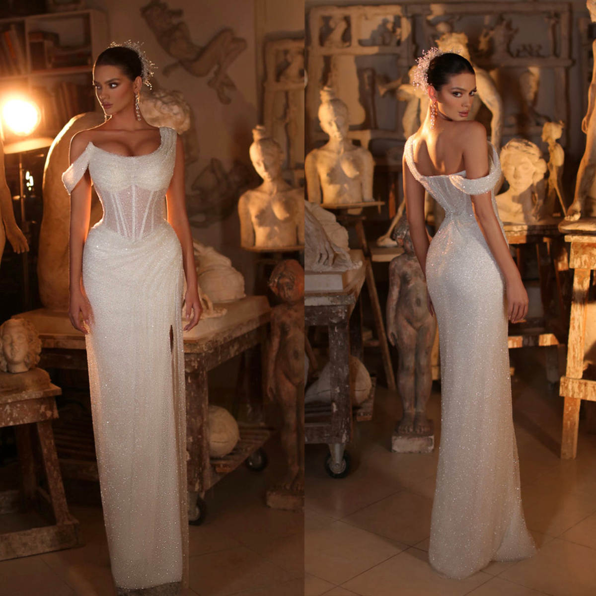 Sparkly Mermaid Wedding Dress Sequins Bridal Gowns One Off Shoulder Side Split Custom Made Sweep Train Bride Shiny Vestido de novia