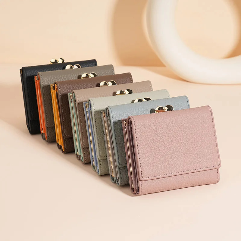 Women Kiss Lock Wallet Short Leather Kiss Clasp Metal Frame Coin Purse Small Card Holder Rfid Blocking Trifold Wallets for Women 240828