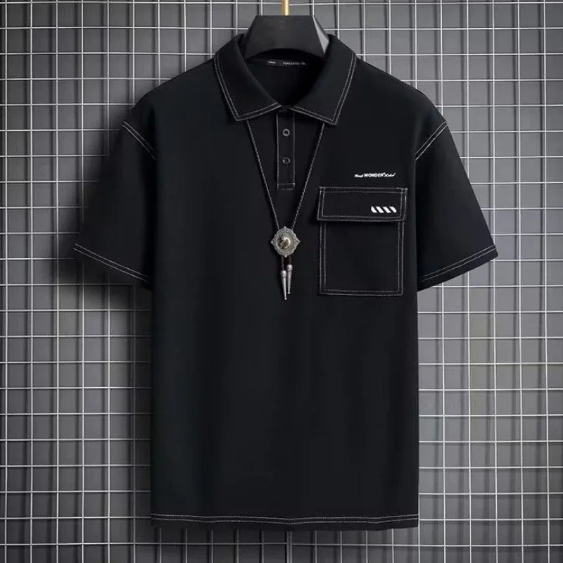 Mens Tshirt collar embroidered polo shirt loose top mens clothing short sleeved casual Kpop 240828