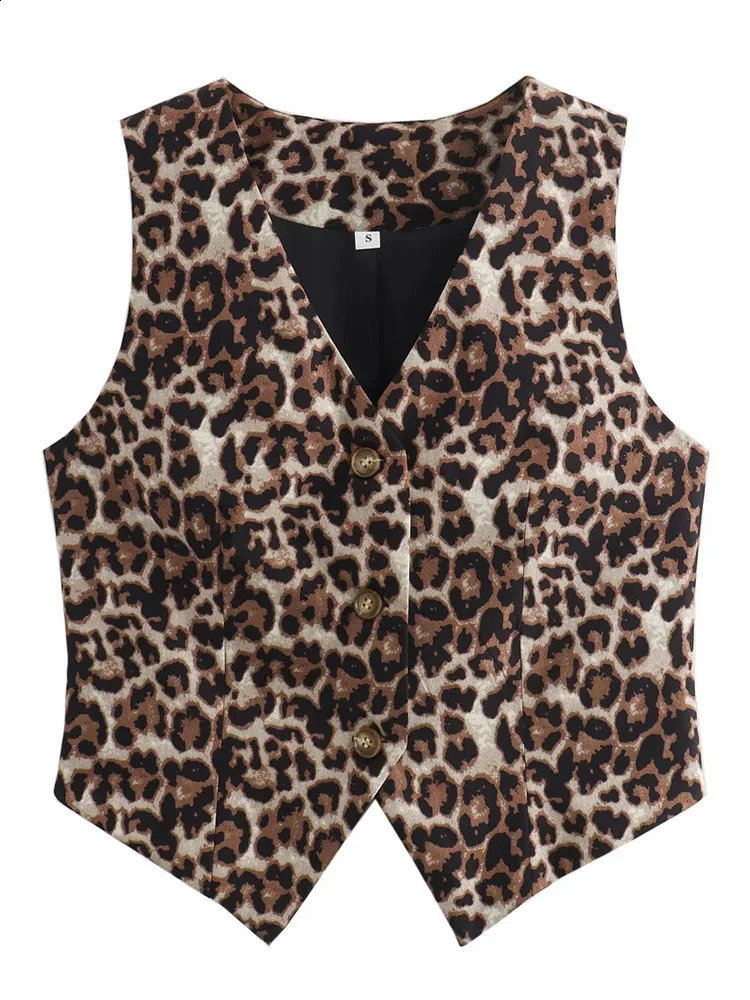 KAOPU ZA womens leopard print vest retro V-neck sleeveless button up womens vest chic top 240828