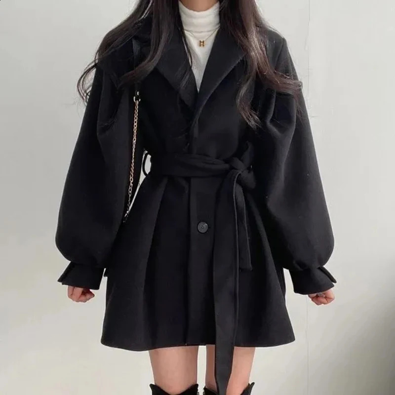 Zoki Fashion Korean Womens Artificial Wool Coat Elegant Belt Womens Jacket Autumn Casual High Waist Tuned Womens Blended Coat 240828