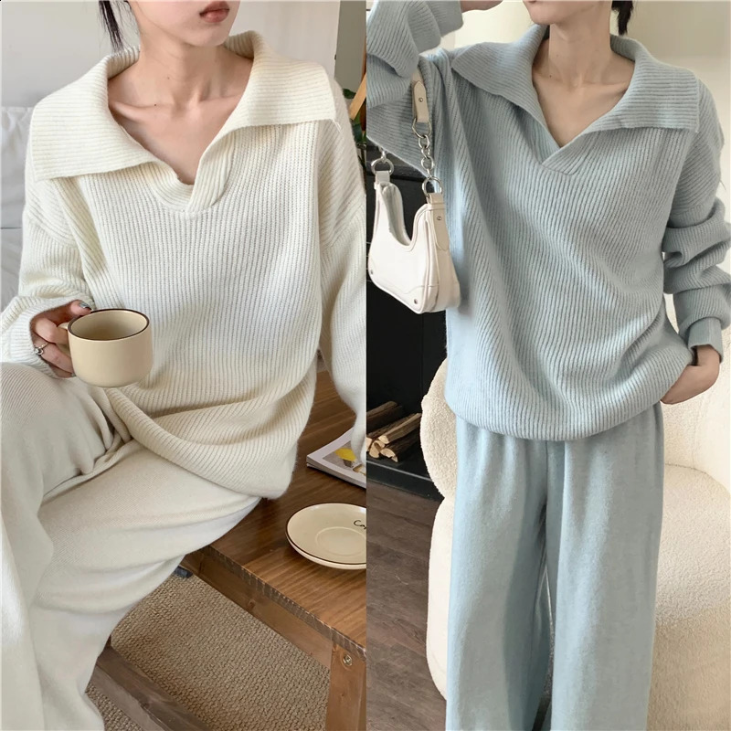 Winter Warm Knitted Two Piece Set for Womens Clothing Korean Casual Solid Collar SweaterWide Leg Pants 240827