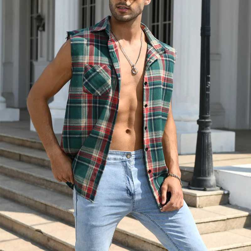 Mens summer fashion casual plain weave sleeveless T-shirt vest button sanding 2023 Korean mens vest top beach vestW240718