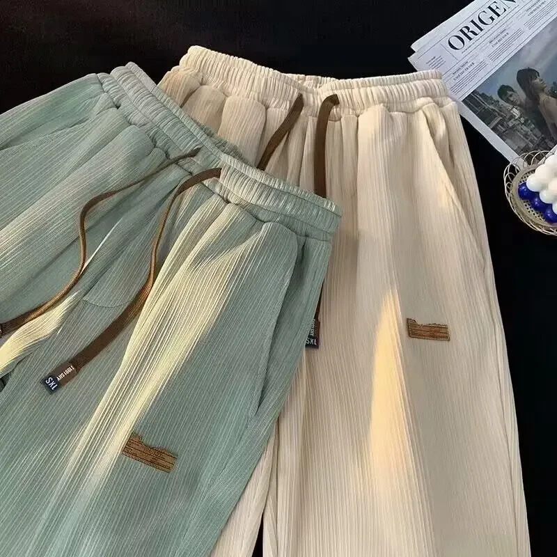 Summer silk mens pants straight leg wide leg casual pants Korean fashionable sports mens pants 240828