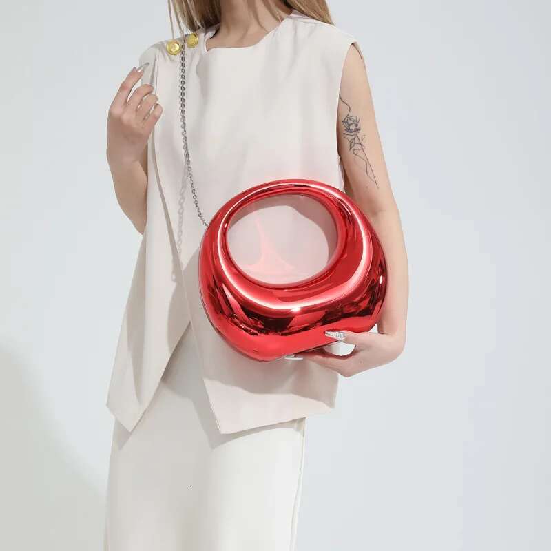 Women Gold Acrylic Crescent Half Moon Bags Personality Handbag Suitcase Makeup Dinner Clutch Round Handle PVC Wrist Bag