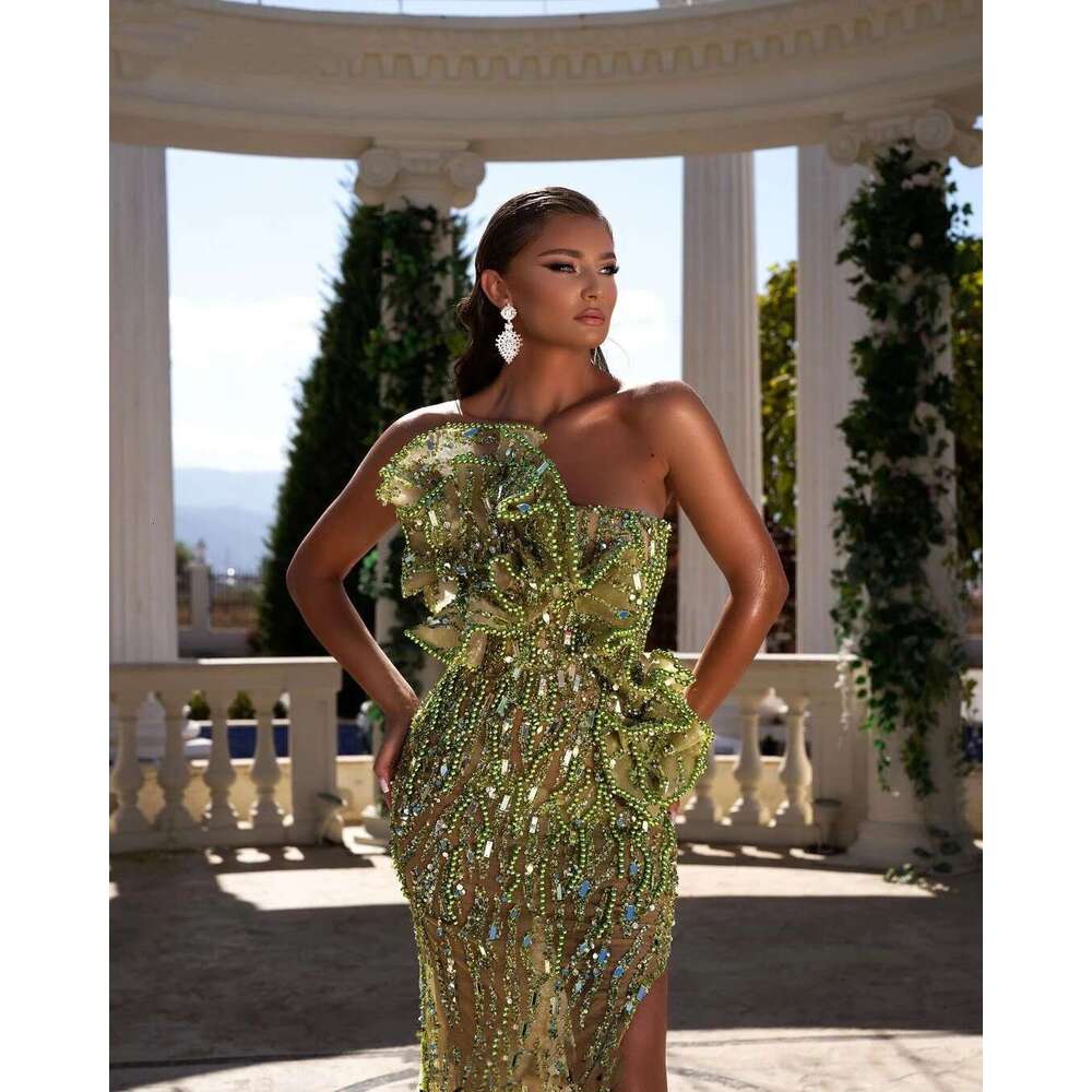 Crystal Beading Pearls Prom Dresses Strapless Side Split Mermaid Evening Gowns Custom Made Robes 0914