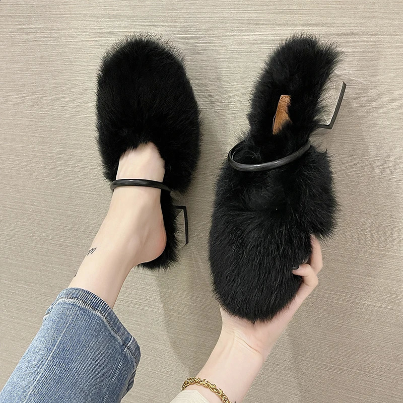 Rimocy comfortable soft fur mule slider womens autumn and winter square high heels warm plush slider womens high heels artificial fur slider 240827