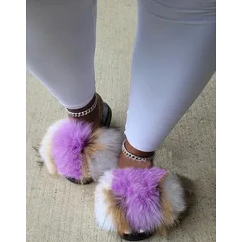 Dazhen fluffy fur ball Pom Fox sandals cartoon mom slider and childrens fur apartment fur womens fur slider 240827