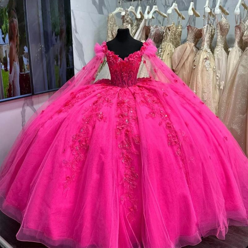Rose Red Quinceanera With Cape Off The Shoulder Applique Lace Tull Ball Gown vestidos para 15 vestido anos Sweet 16 Dress