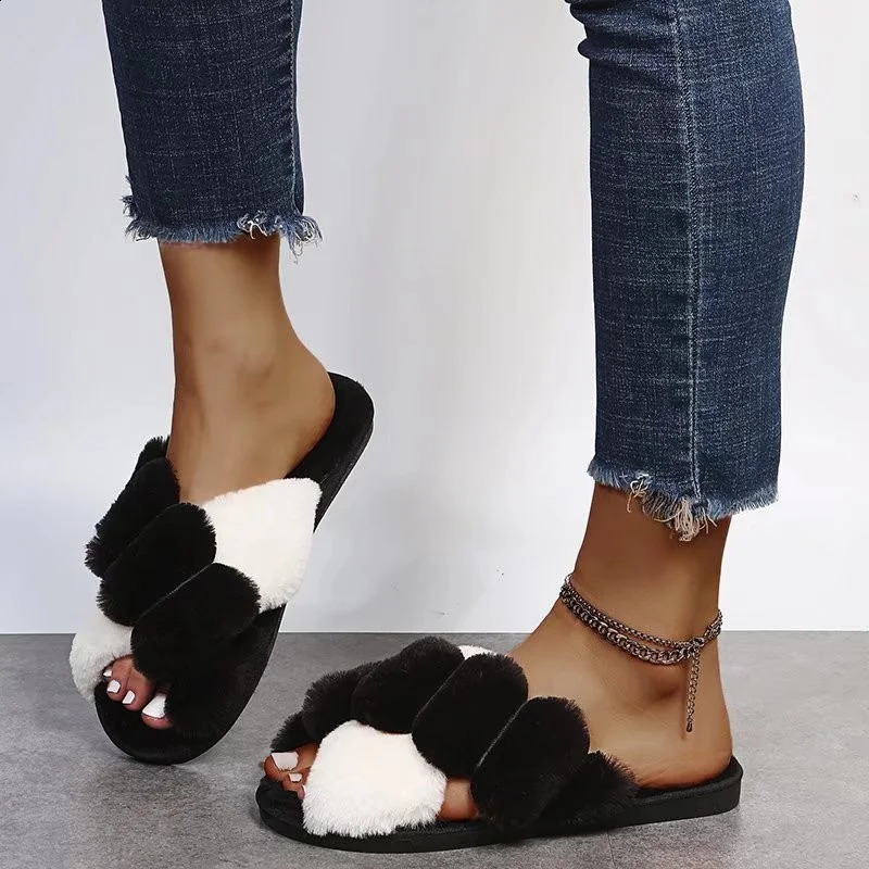 Womens winter home fur slider fluffy artificial fur home slider flat fashionable indoor floor shoes womens flip sofa 240827