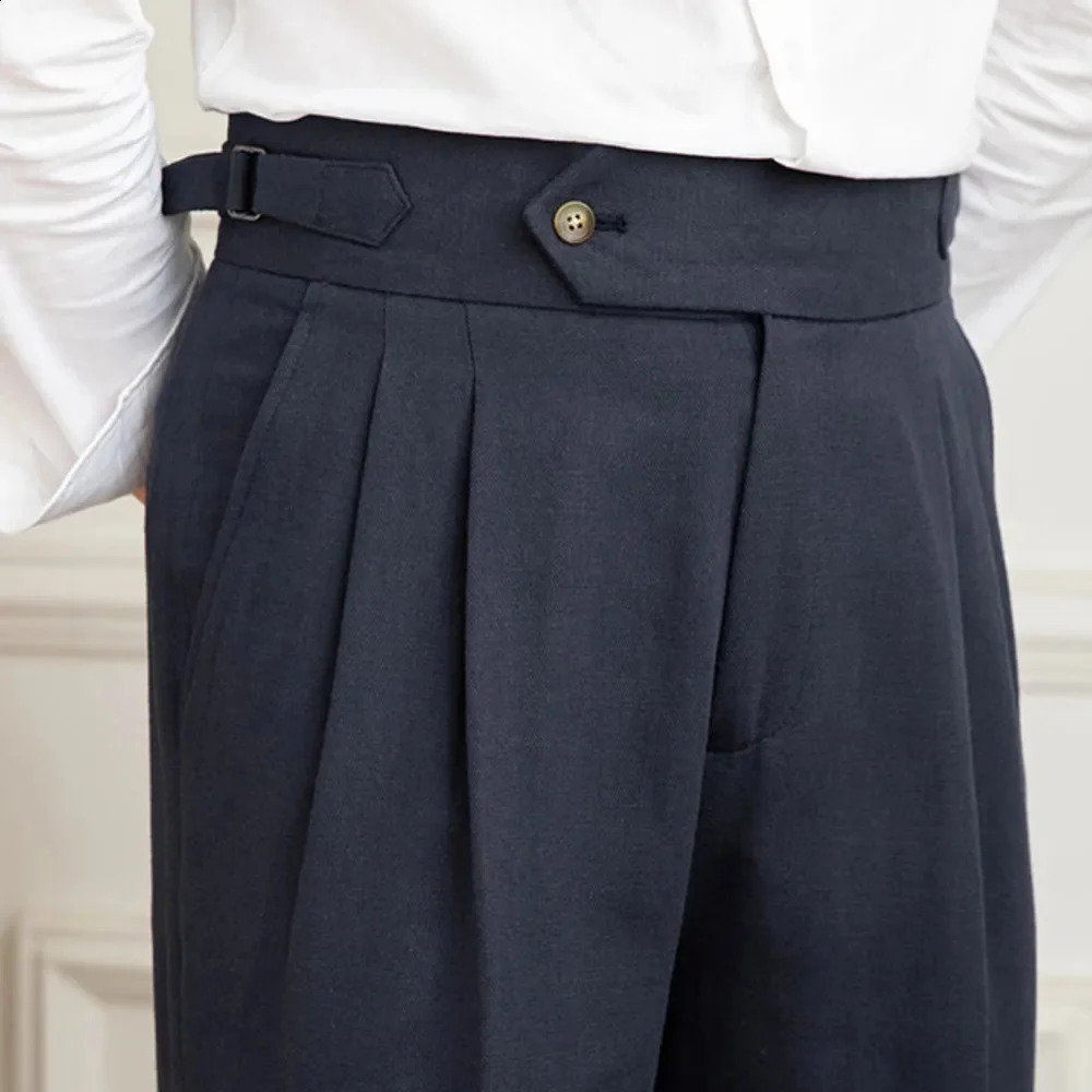 Linen cotton high waisted straight casual pants mens retro Naples gentleman pleated high-quality Italian dress Trouser 240828