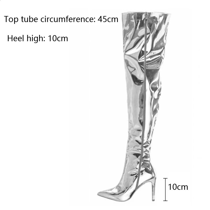 Womens boots mirrored platform Pointy toes knee high and thin boots long boots autumn and winter zippers silver casual party shoes 240827