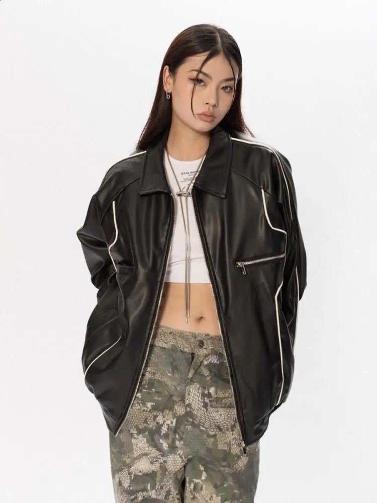 Tawaaiw Zipper Spring Autumn Pu Leather Jacket Womens Loose Jacket Womens Neutral Street Motorcycle Jacket Oversized Y2k 240827