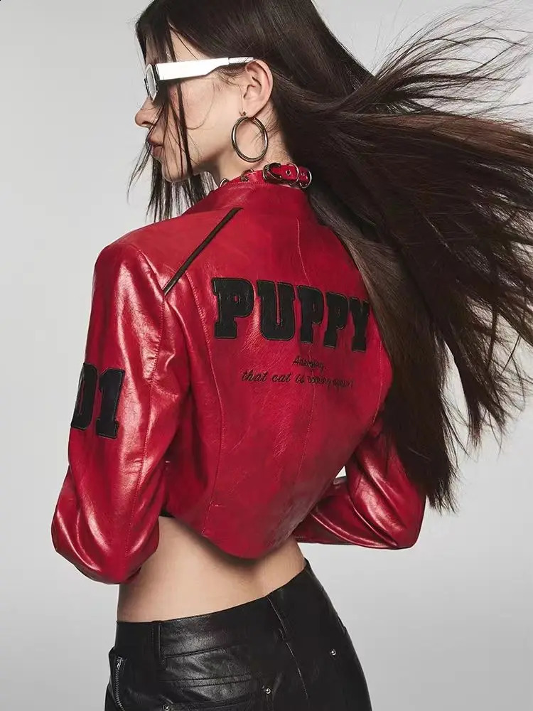 Womens artificial leather jacket with letter printing red short PU leather jacket autumn and winter womens casual street jacket outerwear outerwear 24