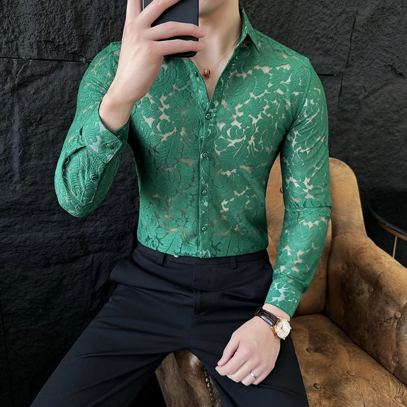 Mens Mesh See Through Flower Lace Sheer Shirt Long Sleeve Sexy Clubwear Dress Shirts Party Event Prom Transparent Chemise Homme 240827