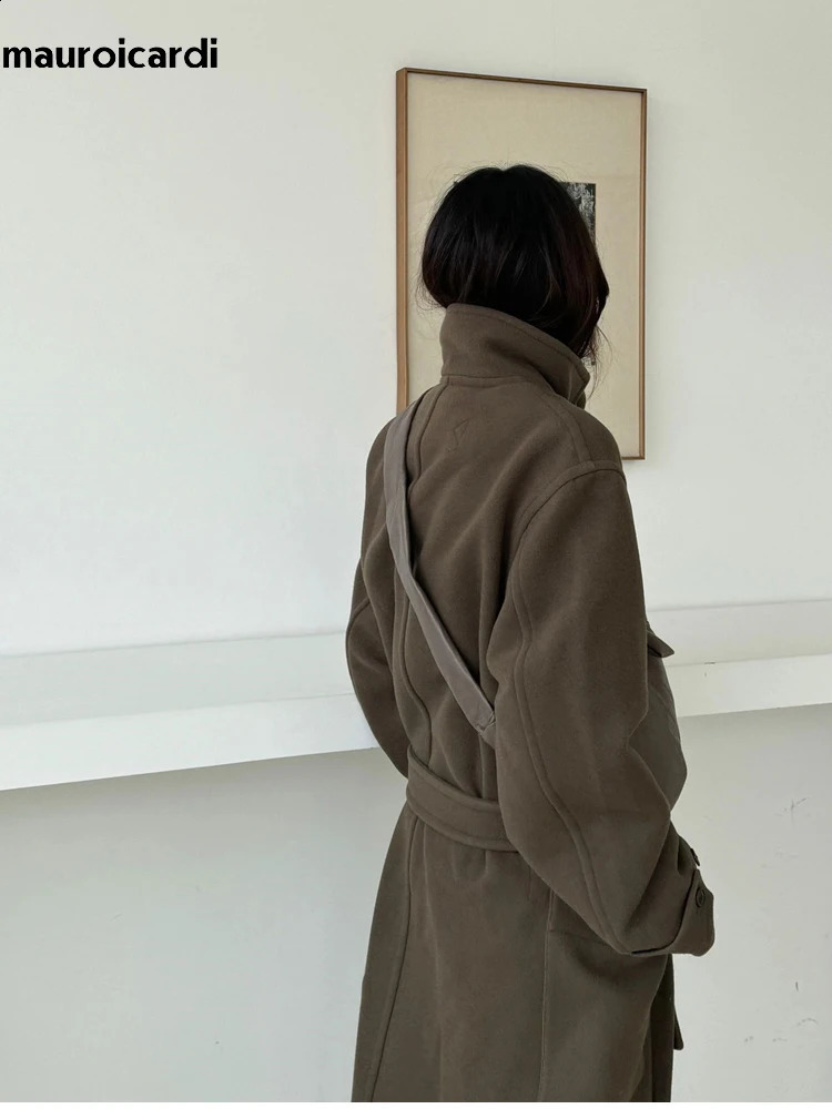 Mauroicardi autumn and winter extra long warm brown wool blend coat mens y ner unisex 240827