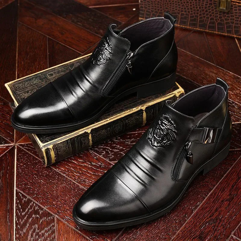 High Top Men Shoes Autumn Mens Casual Leather Shoes Double Sided Zippered Boots Man Ankle Boots Pointed Toe Low 1cm-3cm 240819