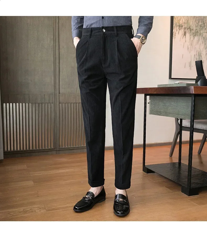 British Style Men High Waist Casual Dress Pant Belt n Slim Trousers Formal Office Social Wedding Party Suit Pants 240827
