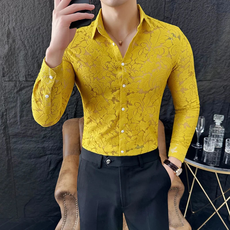 Mens Mesh See Through Flower Lace Sheer Shirt Long Sleeve Sexy Clubwear Dress Shirts Party Event Prom Transparent Chemise Homme 240827