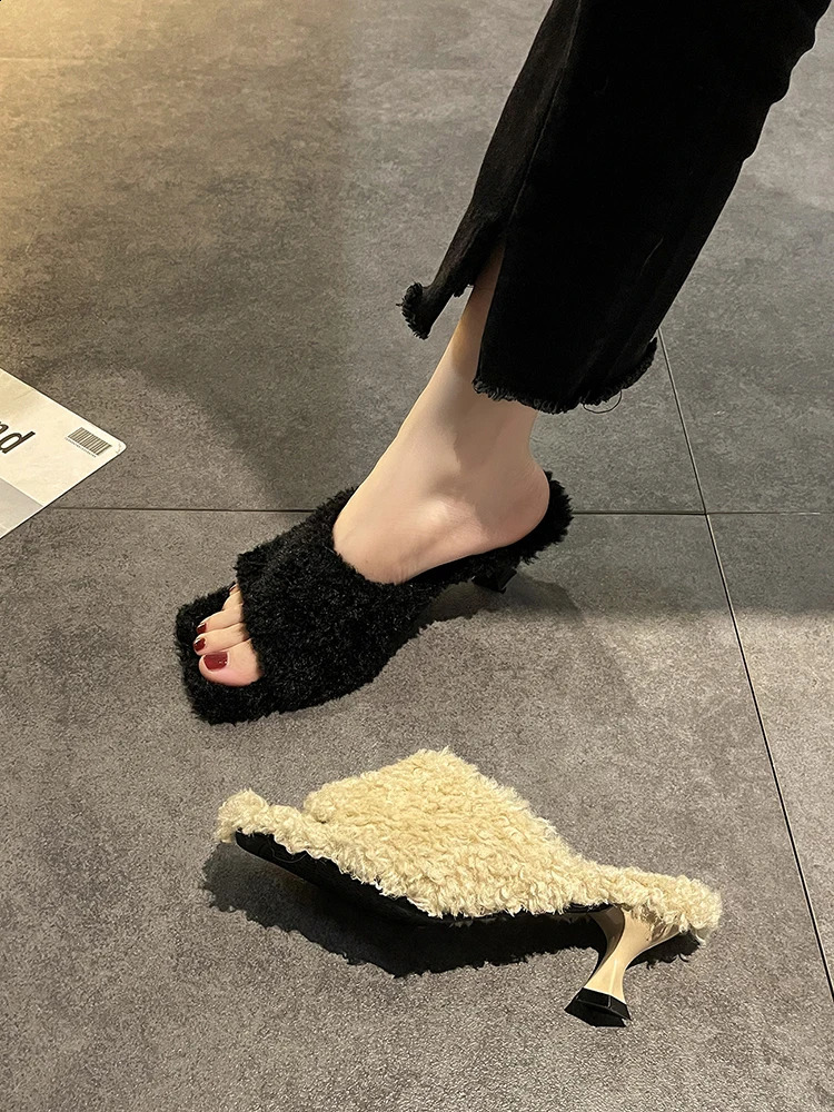 Stiletto high heel square toe slider womens shoes spring/summer warm mid heel shoes 240827