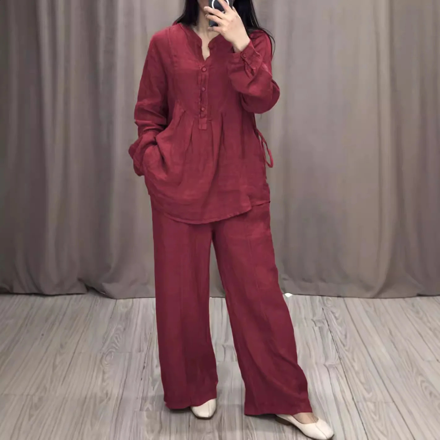 Cotton and linen 2pieceset womens half open collar button long sleeved loose shirt wide leg pants 2piece set mens 240827