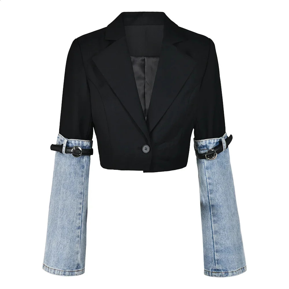 Unique colored blocked denim jacket suitable for women autumn n sensual sleeves open belt Versatile Cropped top 240827