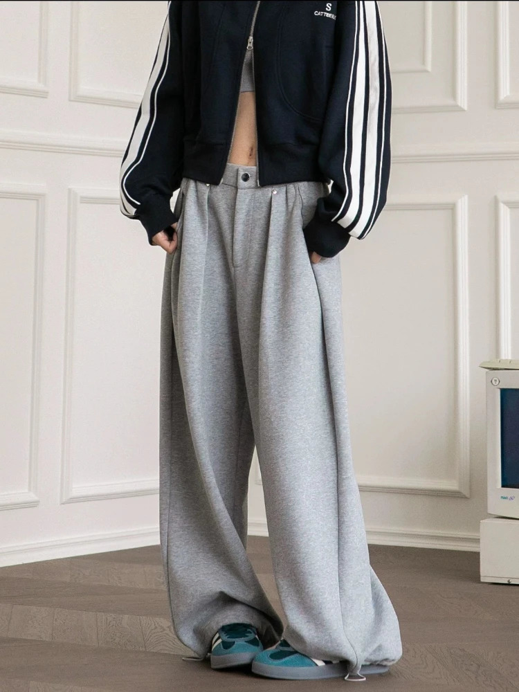 HOUZHOU Vintage Baggy Sweatpants Women Autumn Y2k Korean Loose Wide Leg Zipper Fly Casual Sports Pants Streetwear Z260314