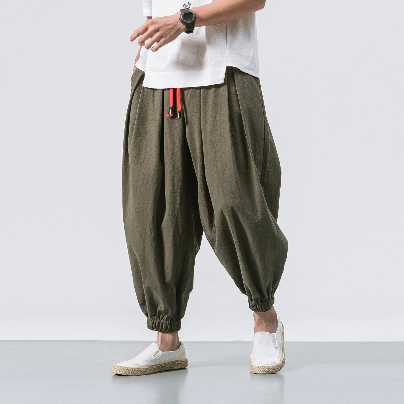 Chinese style linen mens casual pants ninth pair pants loose and wide legs oversized streetwear 240828