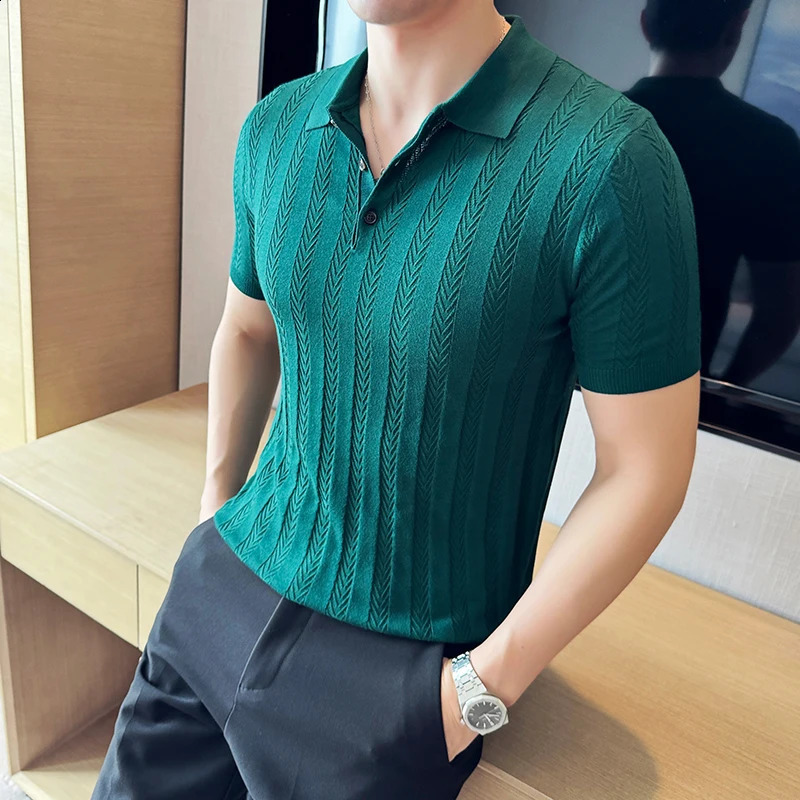 Mens business casual solid color polo shirt mens Word woven thin stripe short sleeved sweater Stretchable breathable Tshirt 240828