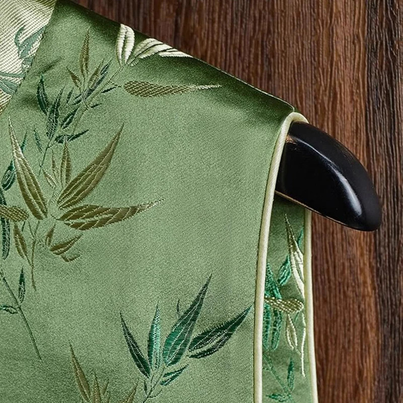 Chinese style womens Song Jin vest green round neck button printed sleeveless top autumn fashion Zen style vest 240828