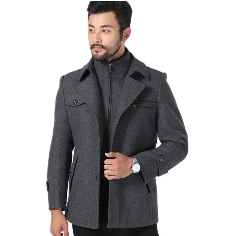 Autumn and Winter Black Thick Casual Mens Medium to Long Double Collar Wool Coat 240827