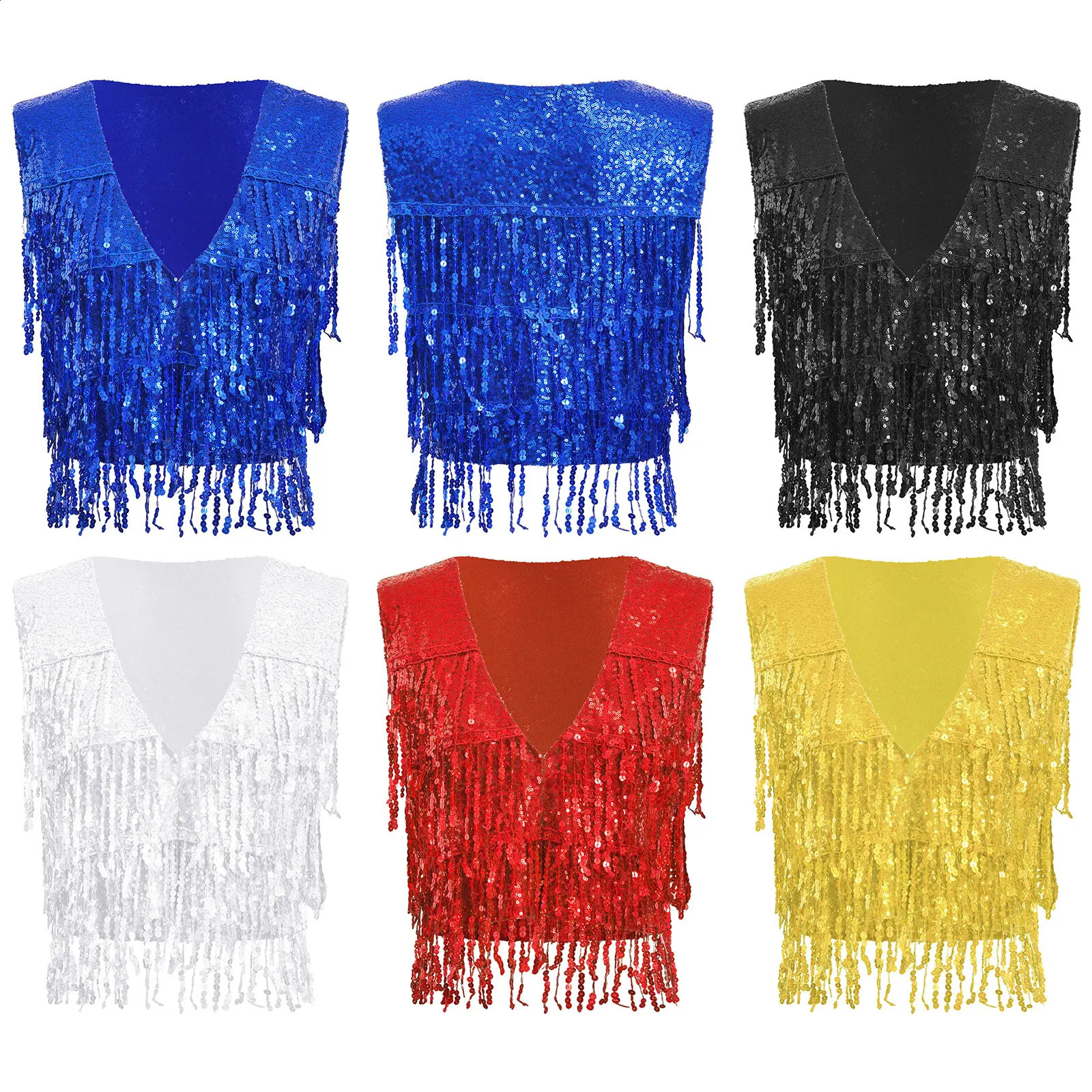 Womens Christmas Music Festival Carnival Party Vest Sparkling tassel Sleeveless V-neck Belt for Jazz Pole Dance Club Costume 240828