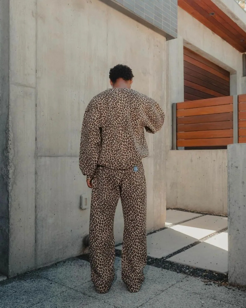 Vintage Leopard Print Pant For Women Casual Female Loose Lace Up Wide Leg Trousers 2024 Summer Fashion All Match Lady Streetwear 240827