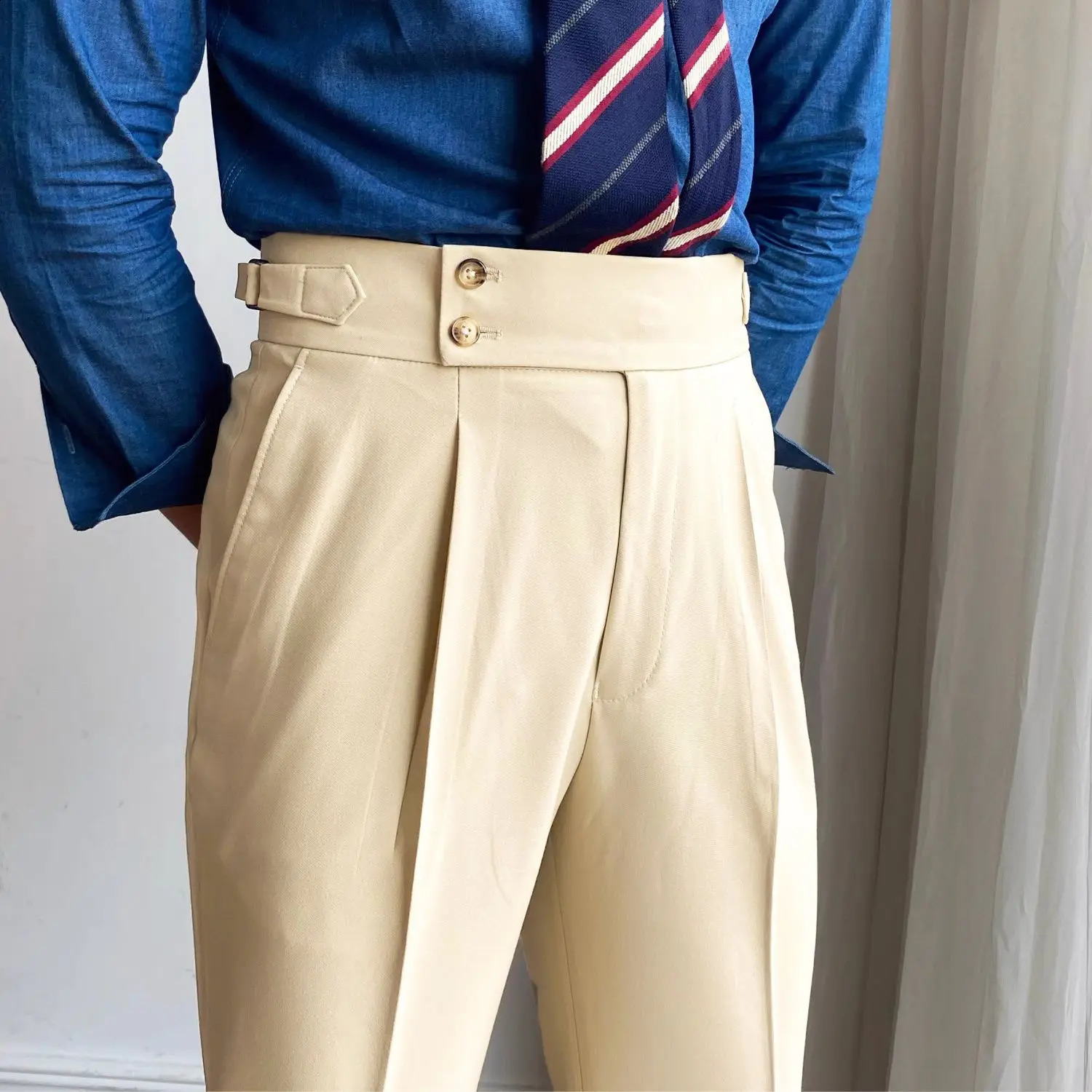 White high waisted straight leg Naples casual iron free business Italian Paris button up pants mens spring and autumn pants 240828