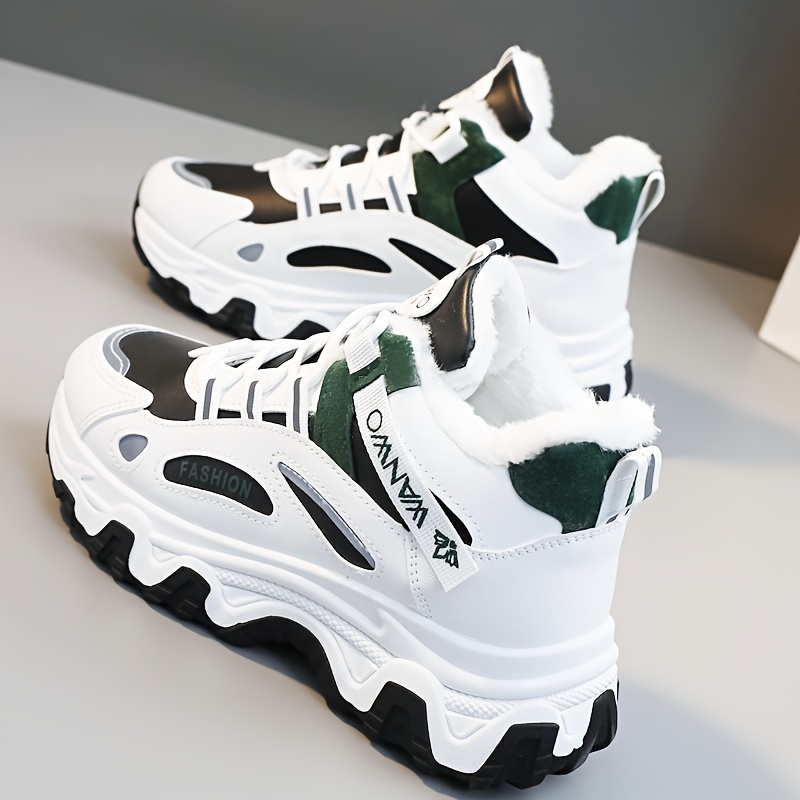 Cozy Winter High-top Sports Sneakers - Soft Plush Inner, Comfortable Platform, Lace-up Closure, Fashionable Chunky Design, Perfect for Outdoor Activit
