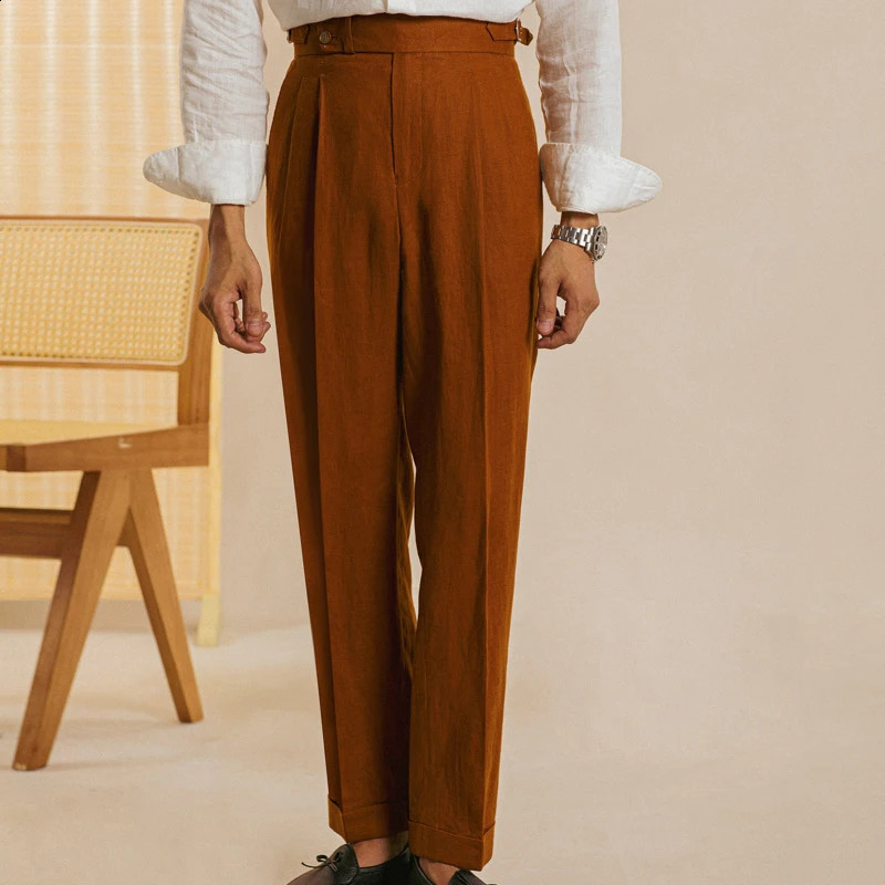 British high waisted linen straight leg pants Naples high waisted suit retro casual pants office pants mens pants 240828