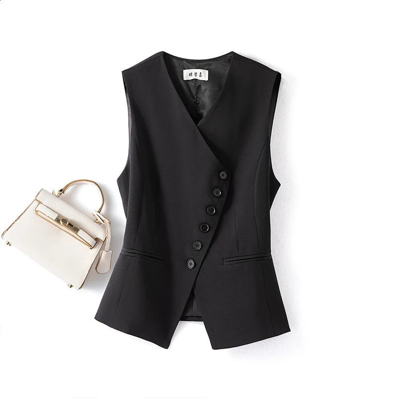 Wxw0729 black jacket womens V-neck ultra-thin asymmetric jacket womens short sleeved sleeveless vest single chest spring 240828