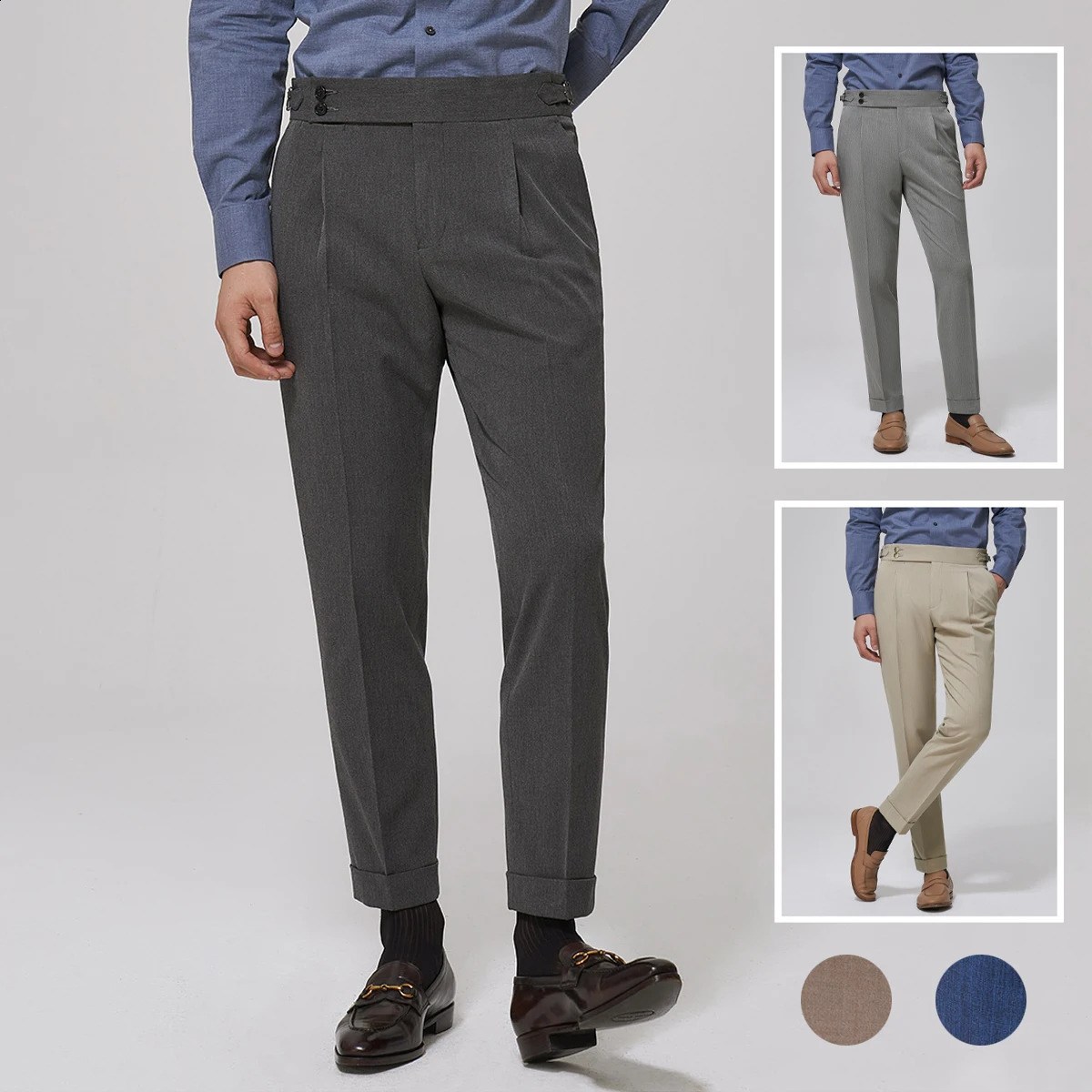 Naples mens pants business slim fit equipped with Paris adjustable waistband buckle long sleeves and round waist 240828