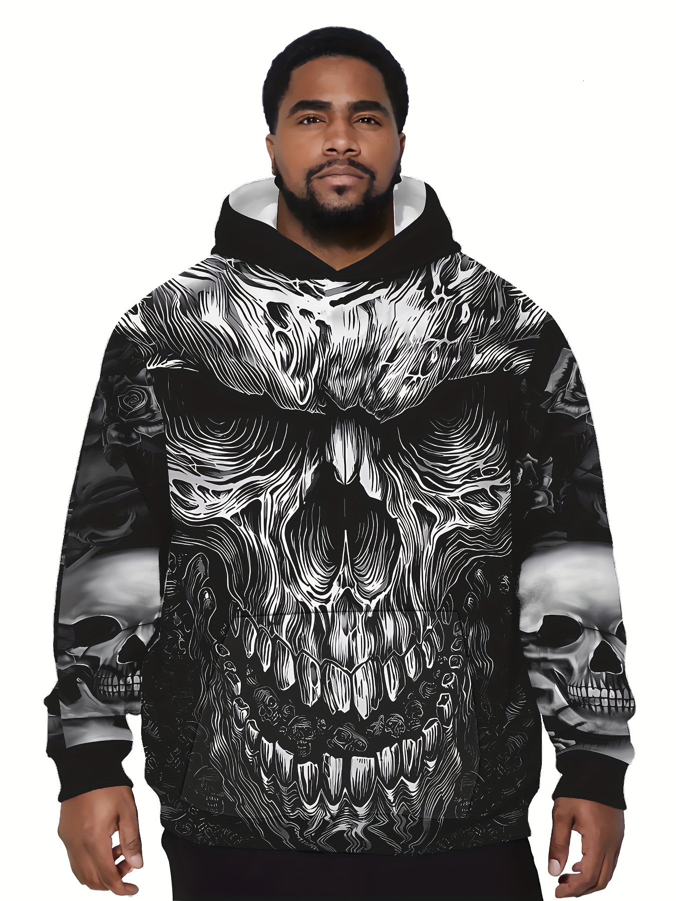 Halloween Plus Size 3D Skull Graphic Hoodie - Stylish Mens Casual Long Sleeve Sweatshirt with Relaxed Fit, Ultra-Comfy Design, Hooded Pullover, and Co