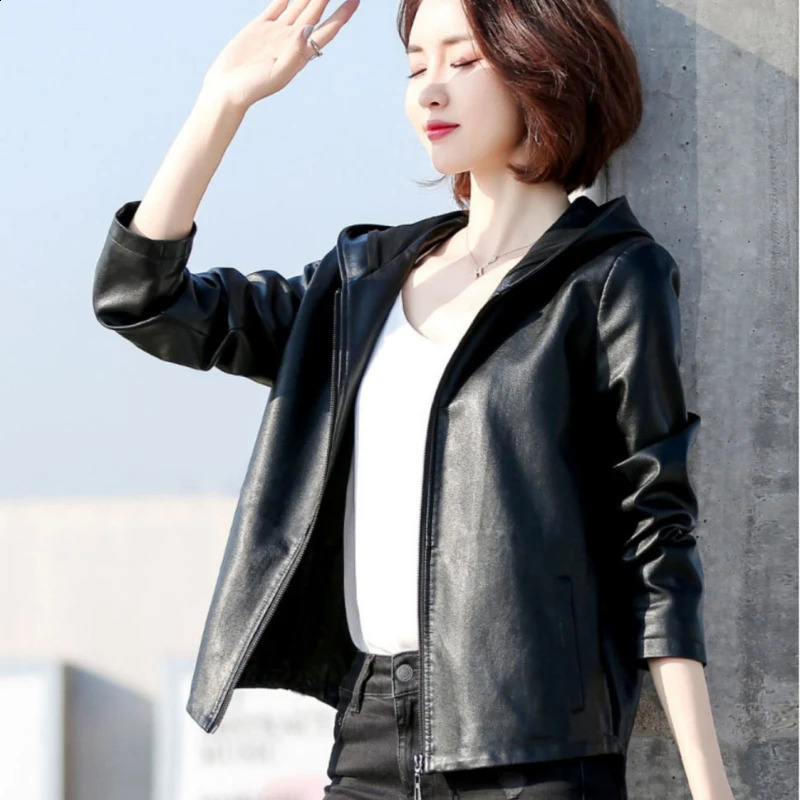 Autumn leather jacket womens hooded zipper sports shirt bomber jacket long sleeved short sleeved jacket black PU leather jacket windproof 240827