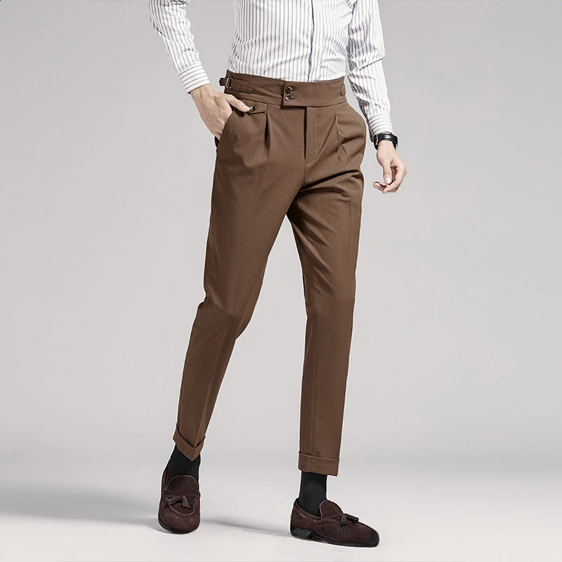 High end Neapolitan mens pants brown black British high waisted 9-point pants slim fit Trouser commercial formal social 240828