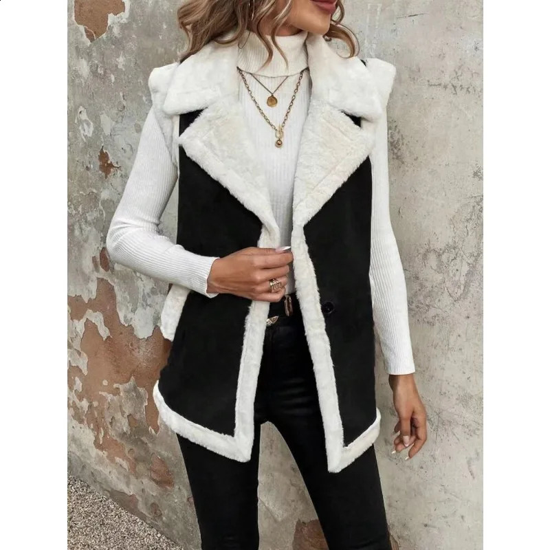 Fashionable womens casual wool spliced vest fashionable style loose neckline medium length vest sleeveless jacket 240828
